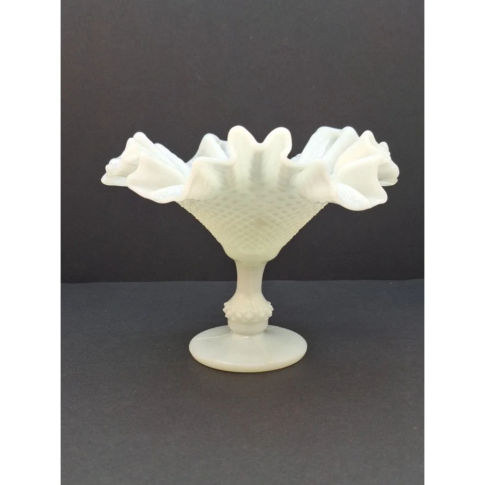 Vintage Portugal Ivima Glass Milk‎ Glass Diamond Point Footed Compote